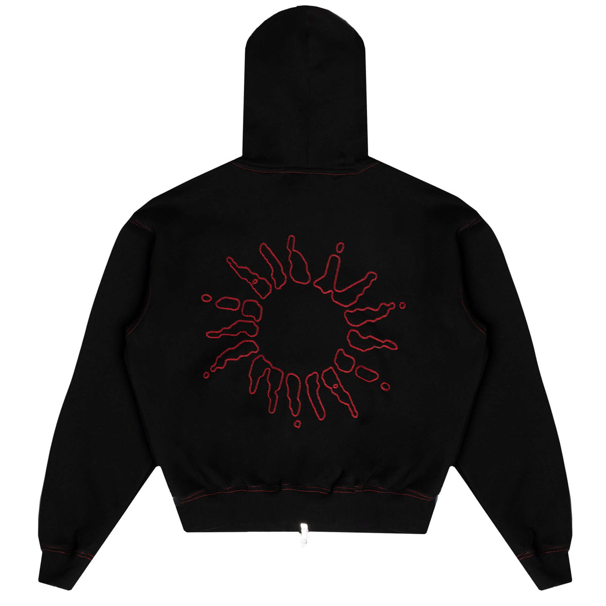 Back view of Black signature zip hoodie with red sun motif on a white background