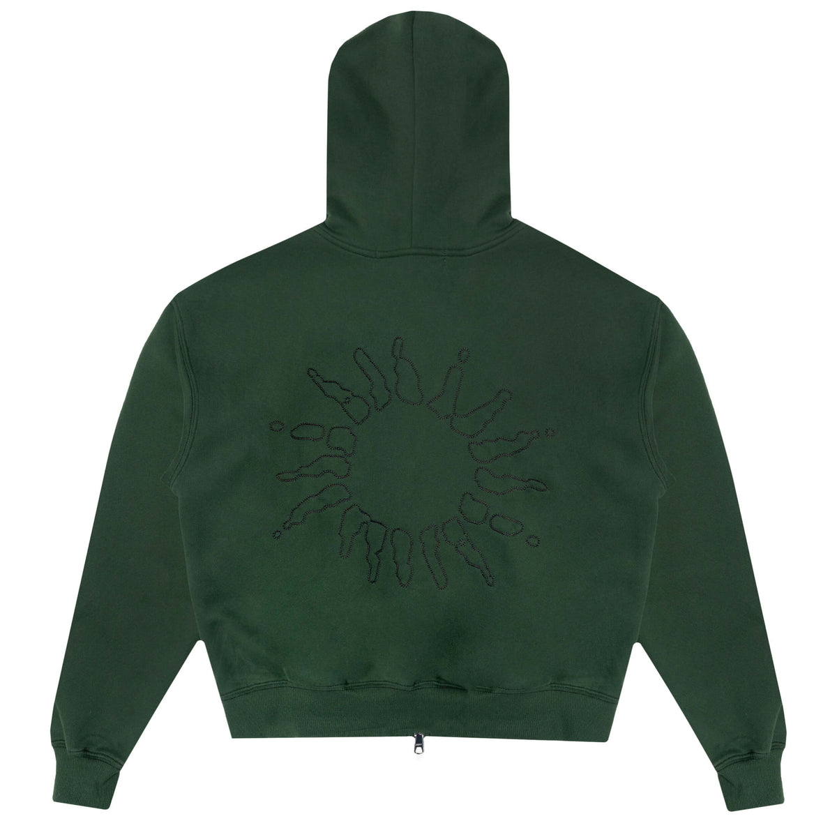 Dark Green zip up hoodie with Sun motif on the back against a white background