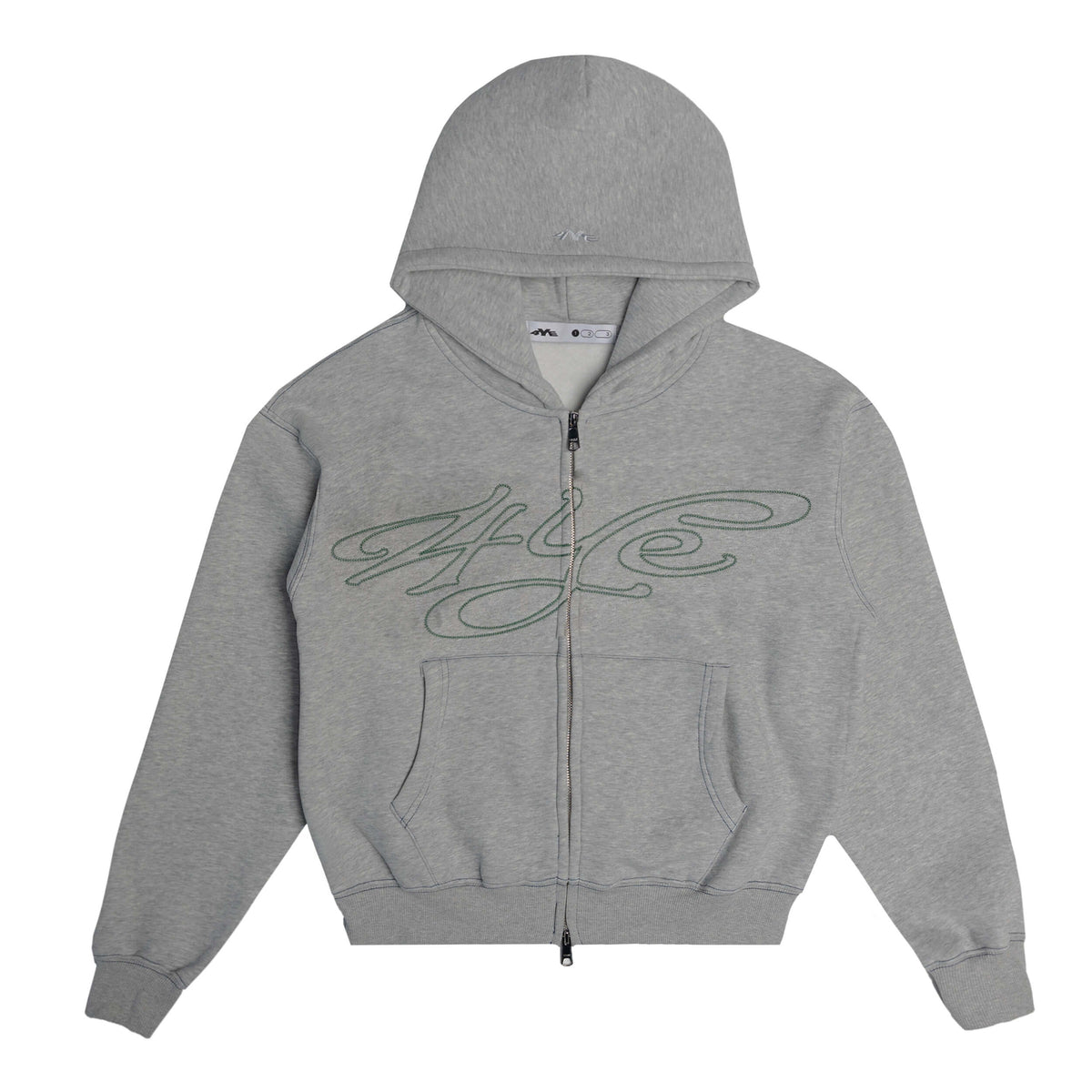 Front view of grey hoodie with green brand logo on a white background