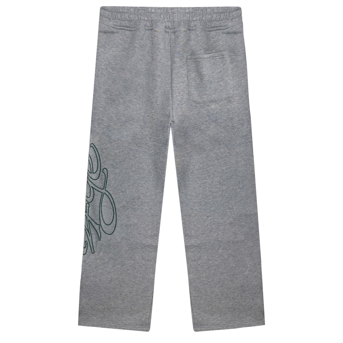 back view of dark grey wide pants with green logo on a white background