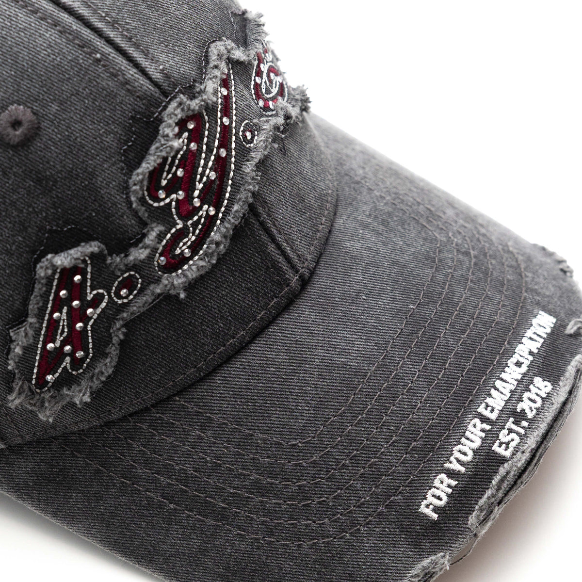 Gray distressed hat with embroidery on brim and front panel