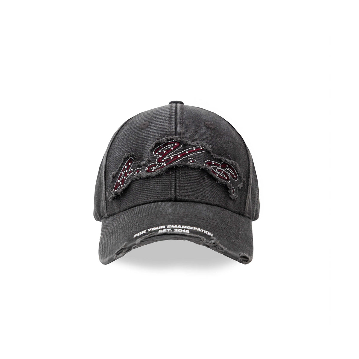 Black distressed hat with Rhinestones on a white background