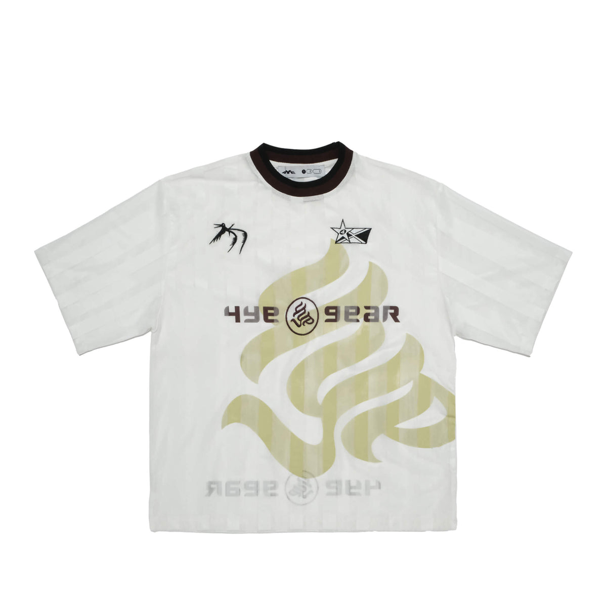 Front view of 4YPree Mesh Tee, showing 3-D embroidered 4YE motifs , as well as a screenprinted "4YE gear" logo across chest.