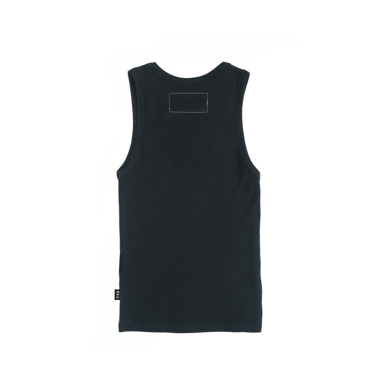 Back image of 4YE Portrait Marina in black, showing white contrast stitching on back tag and small black side tag on the left side.