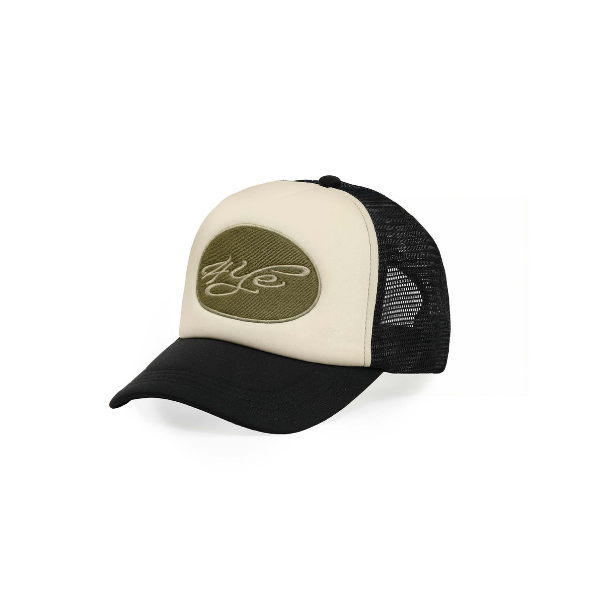 Trucker hat with a cream signature logo on a white background