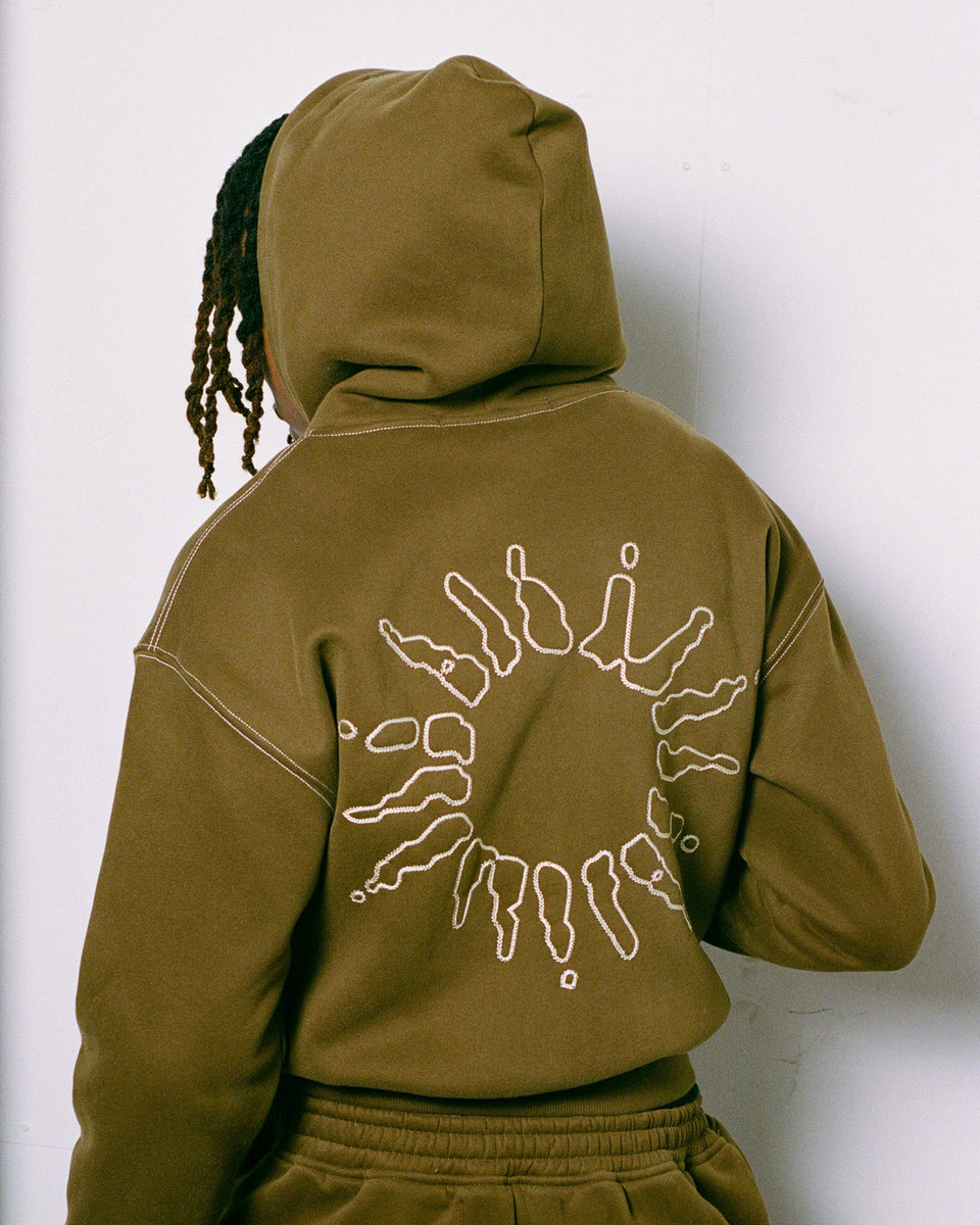 brown hoodie with sun chain stitch at back