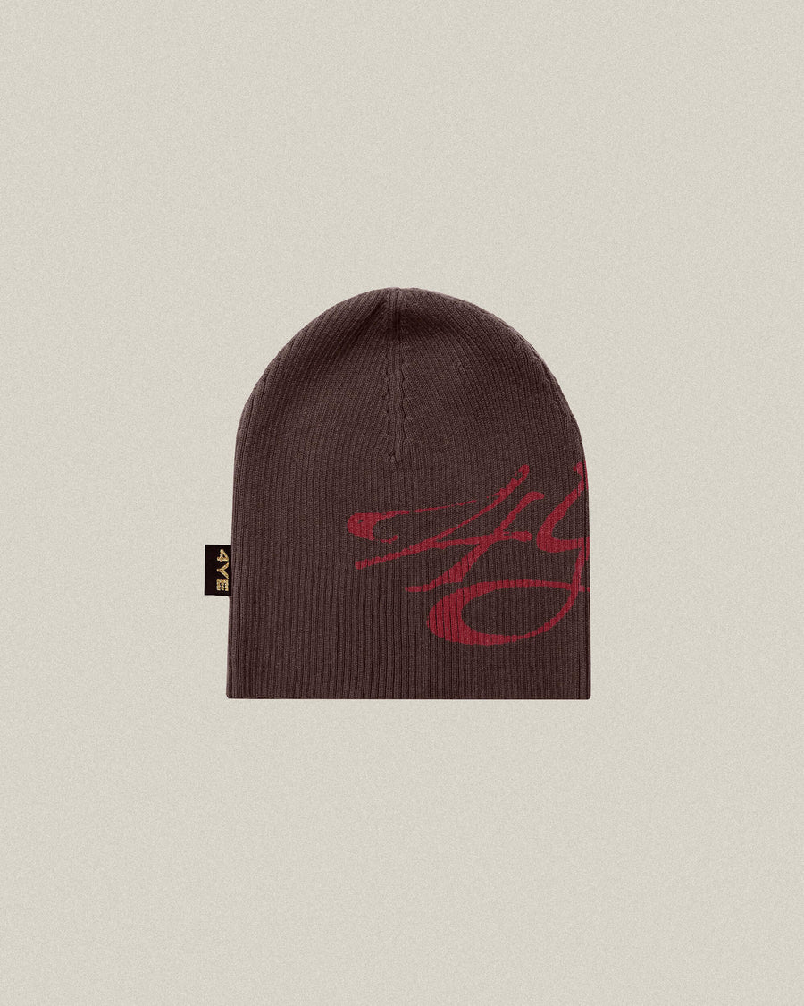 Signature Ribbed Beanie - Brown/Red