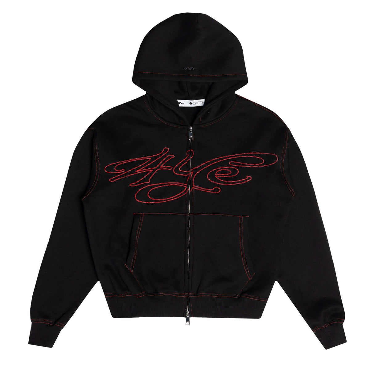 Front view of Black signature zip hoodie with red stitching on a white background