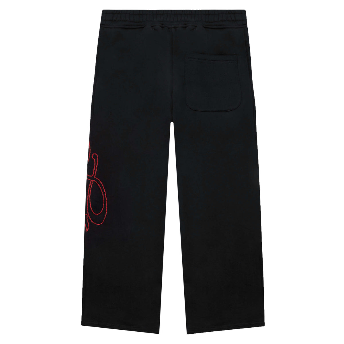 Back view of black wide pant with a red logo on a white background