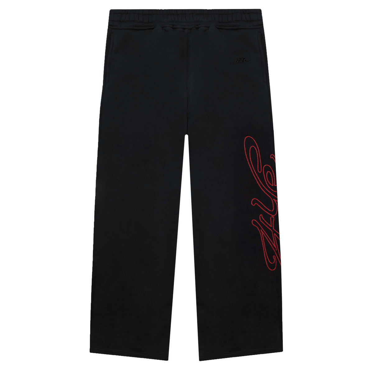 Front view of black wide pant with red stitching on a white background