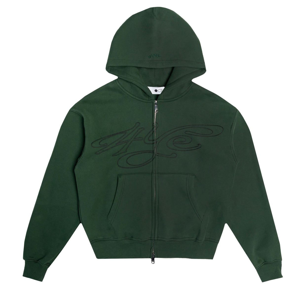 Front view of green zip up hoodie with black signature logo on a white background