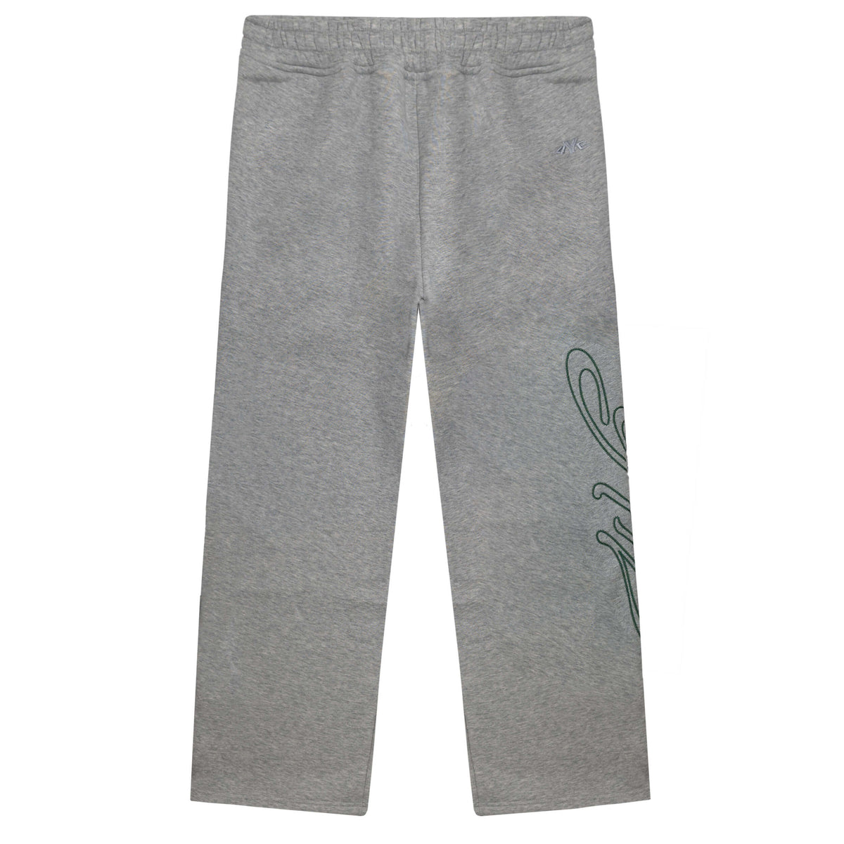 dark grey wide pants with green signature logo on leg on a white background