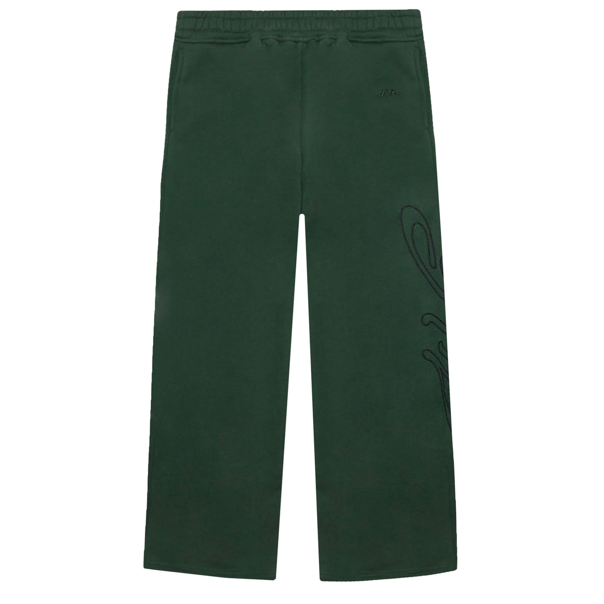 Dark green wide pants with black stitching on white background