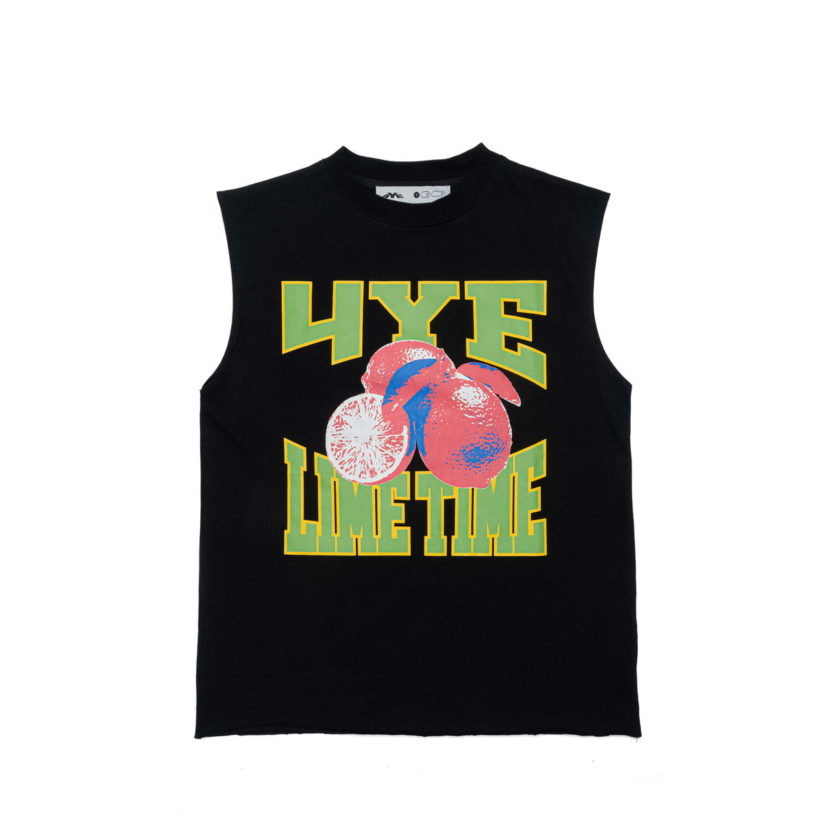 .Front view of the Lime Time muscle tank, showcases raw hems at sleeve and bottom hem. Tank also sports bright, printed lime time graphic. 