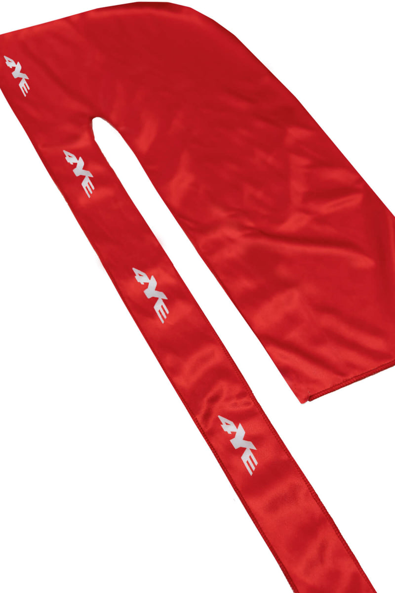 White 4YE logo detail on Classic Logo Durag in Red