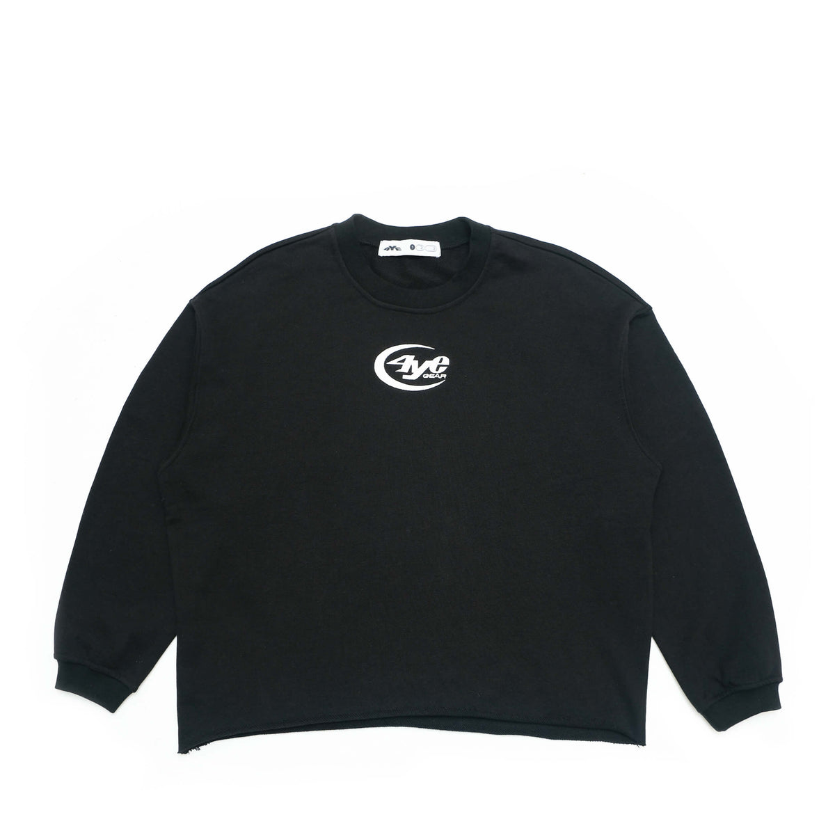 Flat image of the front of the 4YE Raw Hem Crew in Black with 4YE Gear Logo Stitched across the chest in white