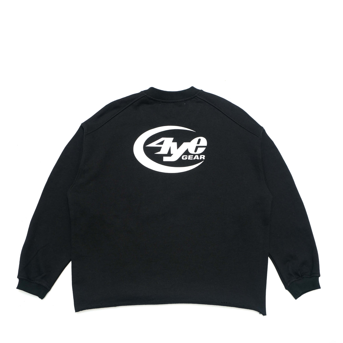 Back view of the 4YE Raw Hem Crew in black with white 4YE Gear Logo screen printed on upper back section
