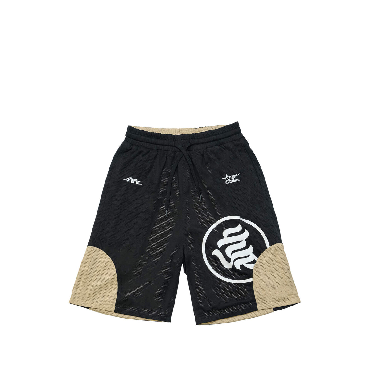 Front view of the black side of the reversible mesh short. Black side sports 3D printed 4ye signature, and 4ye reggae logos, as well as screenprinted 4YE logo on left leg. 