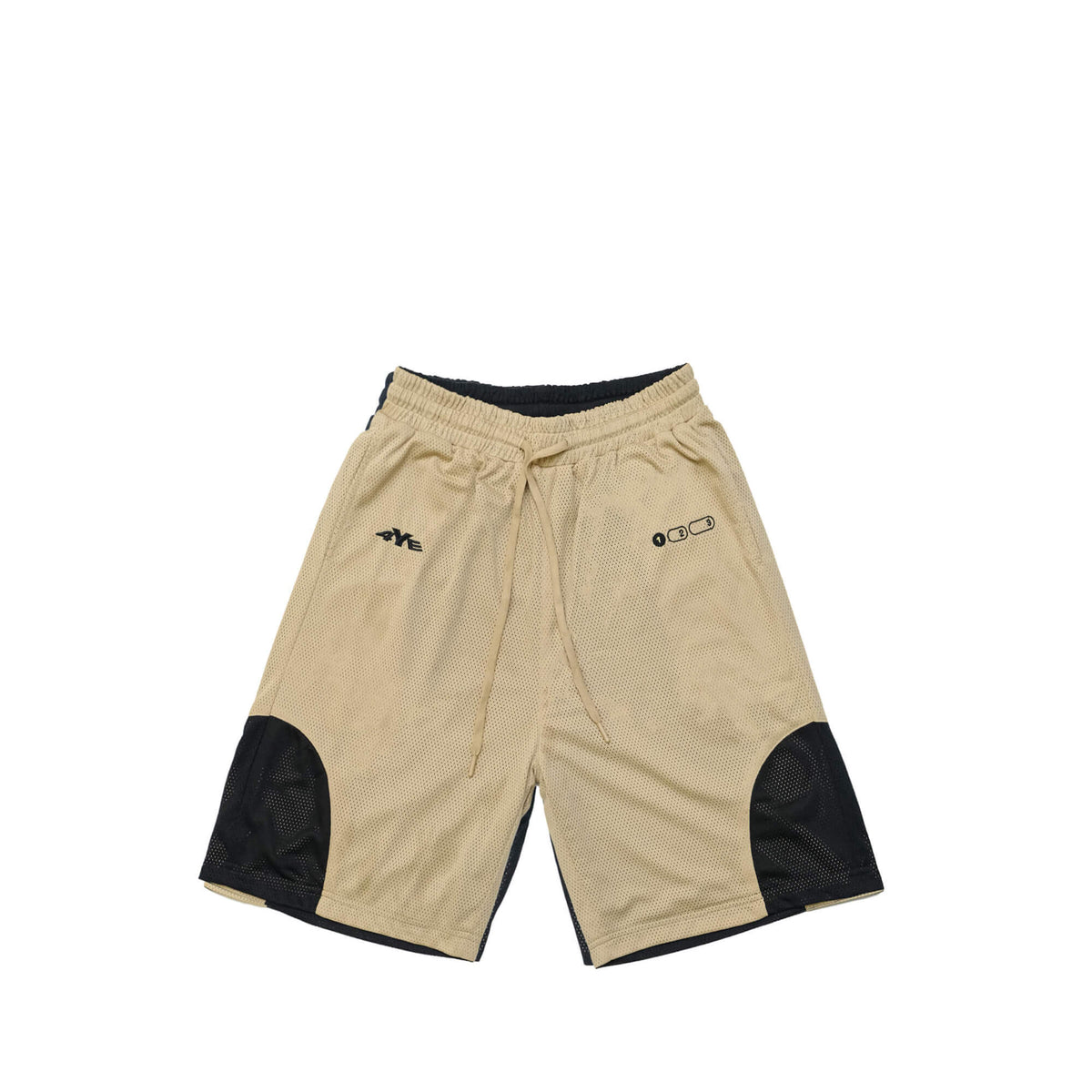 Front view of the gold side of the reversible mesh short. Gold side is more minimal, sporting only 3-D embroidered 4YE signature logo and eternally stitched size bubble.  