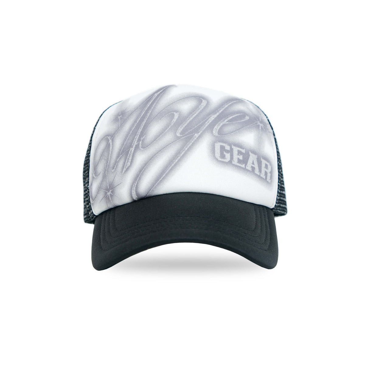 Front view of 4YE Starry Night Trucker Hat with black mesh paneling and black foam brim. Whit front panel features 4YE starry night logo printed in grey.