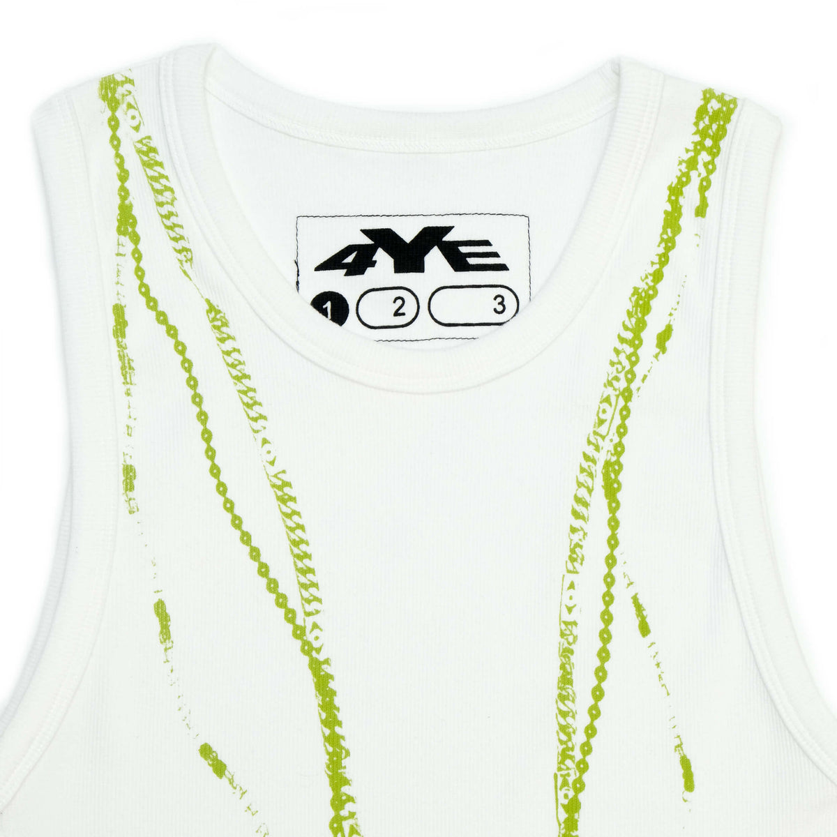 Detail image of the 4YE Trompe L'oiel tank in white showing up close image of the chain detail screen printed in green.
