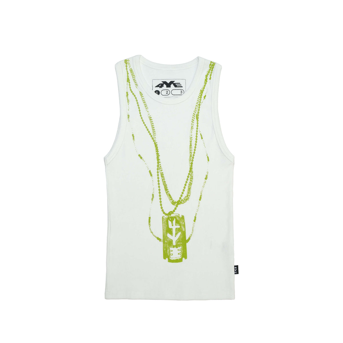 Front view of the 4YE Trompe L'oiel tank in white showing screen printed chain motif in matcha
