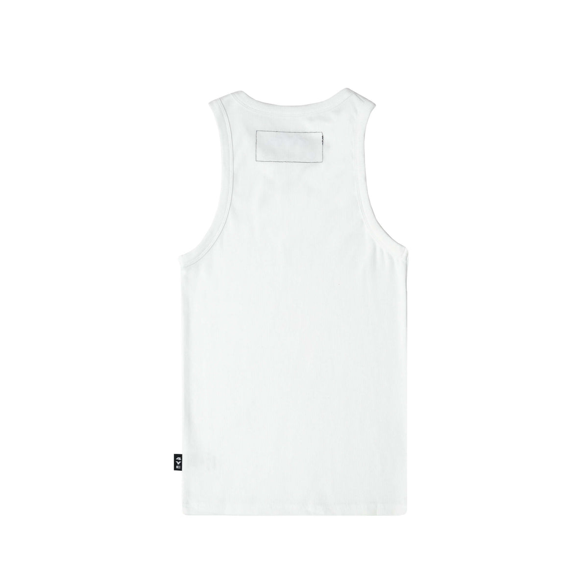 Back view of the 4YE Trompe L'oiel Tank in white, showing black stitching across tag and black 4YE side tag