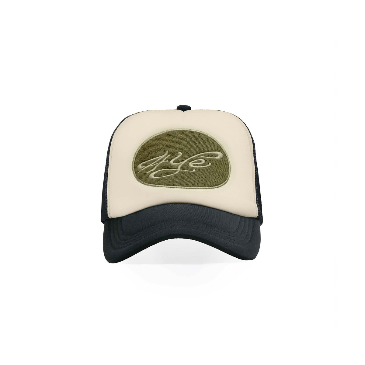 Trucker hat with cream signature logo on a white background