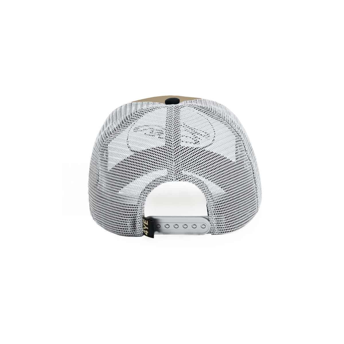 Back view of a white mesh on the hat with a snapback  closure on a white background