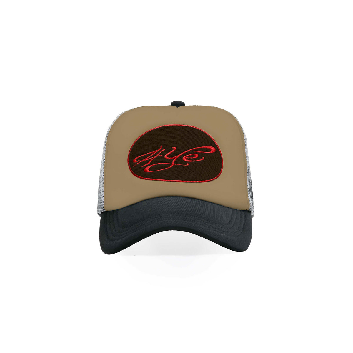 Beige and black trucker hat with red logo on a white background