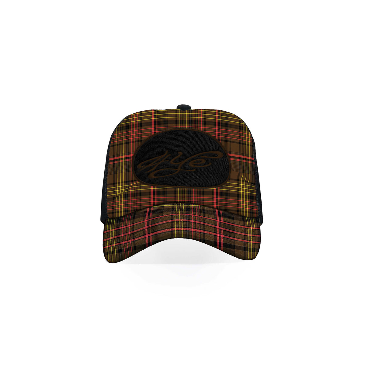 Plaid patterned Trucker Hat with signature logo on a white background