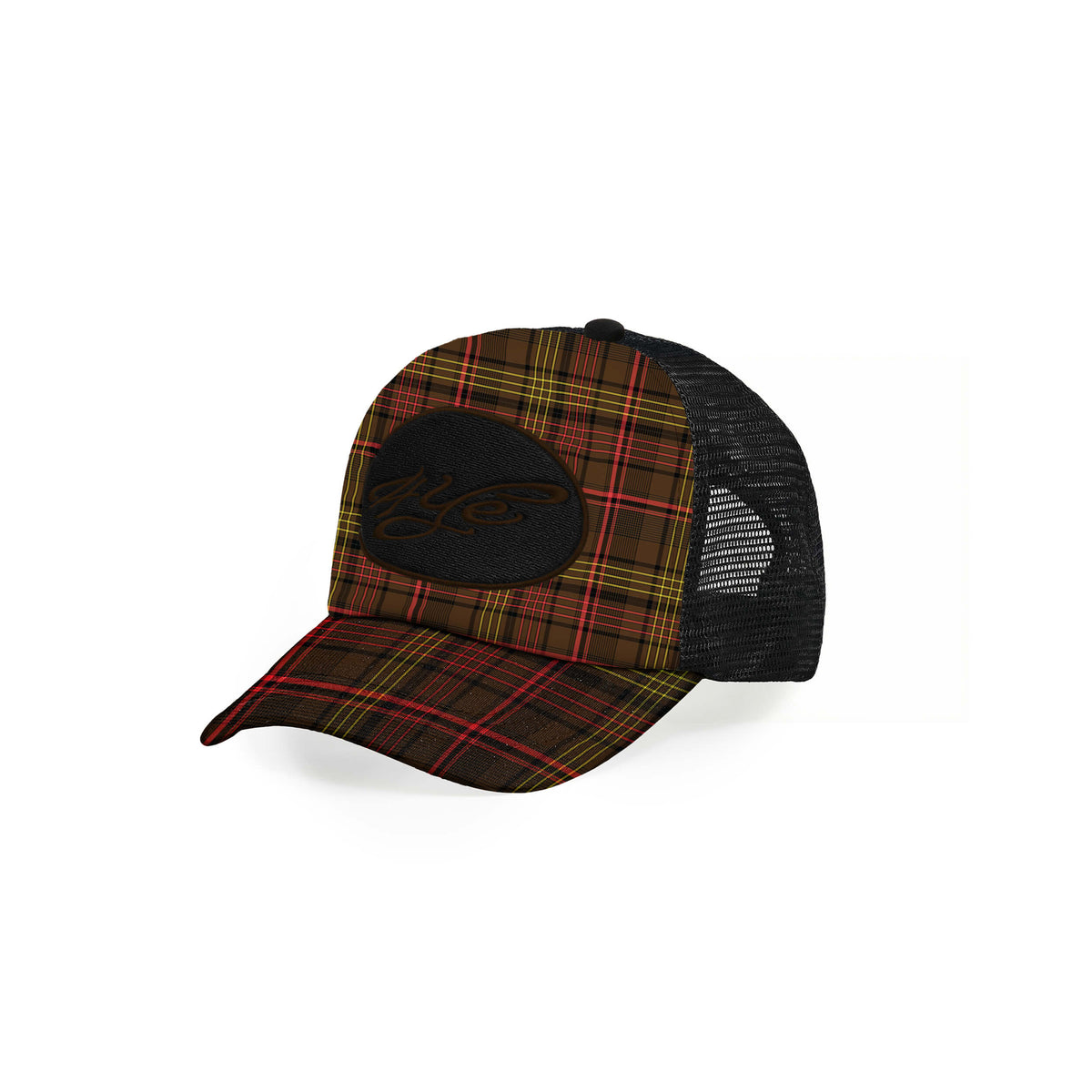 Angled view of Bandana printed trucker hat on a white background