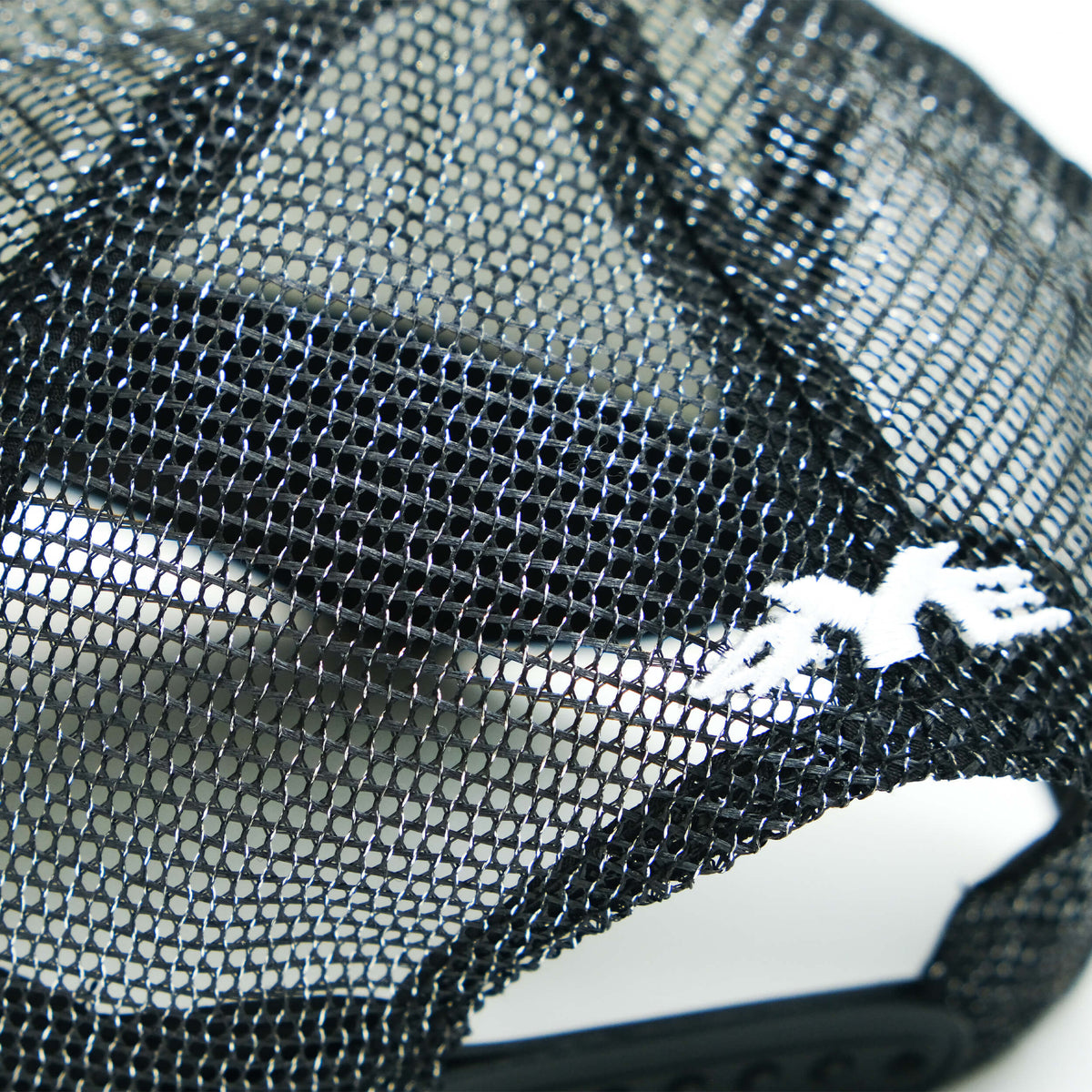 Close up image of back detailing on the $YE Starry Night Trucker Hat in Black, showing the shimmery black mesh paneling and 4YE Signature Logo stitching. 