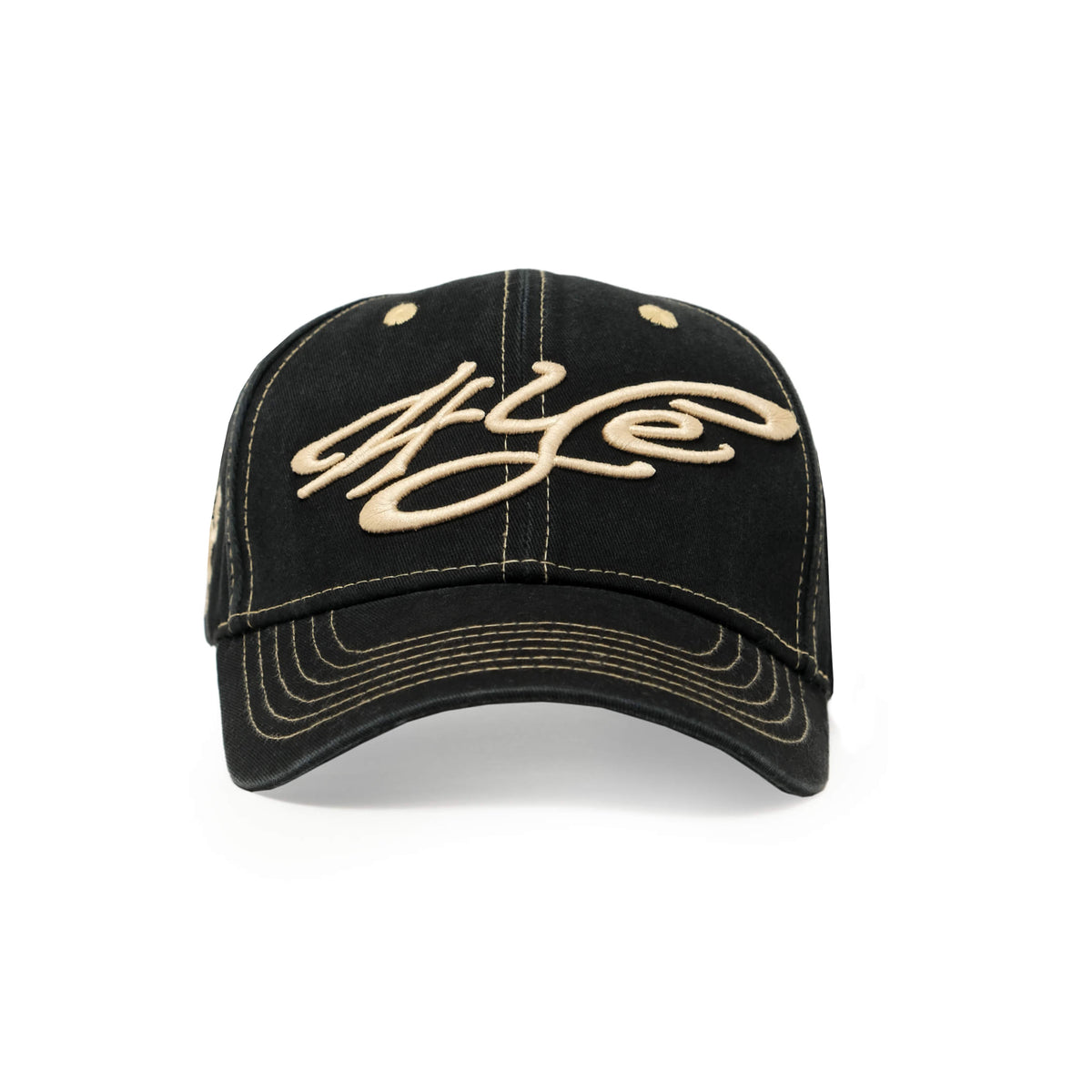 Front view of signature logo low pro in faded black. Front view highlights the 3-D signature logo stitching and contrast stitching in gold.