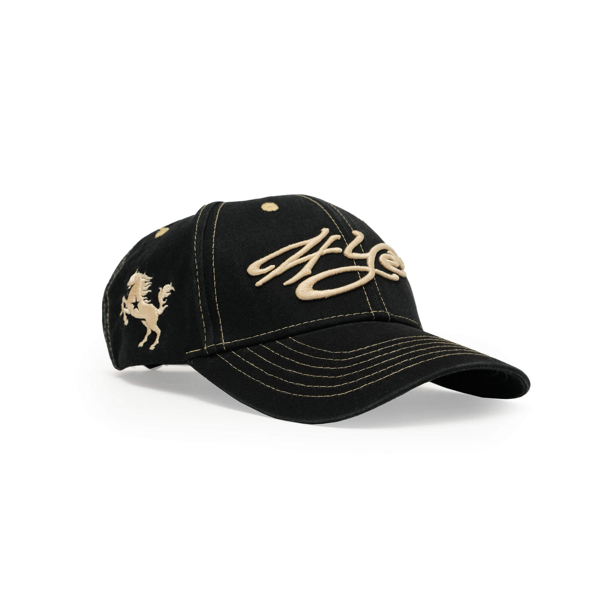Side view of signature logo low pro cap in washed black with 3-D 4YE logo stitching in gold, and 4YE 3-D embroidered stallion motif.