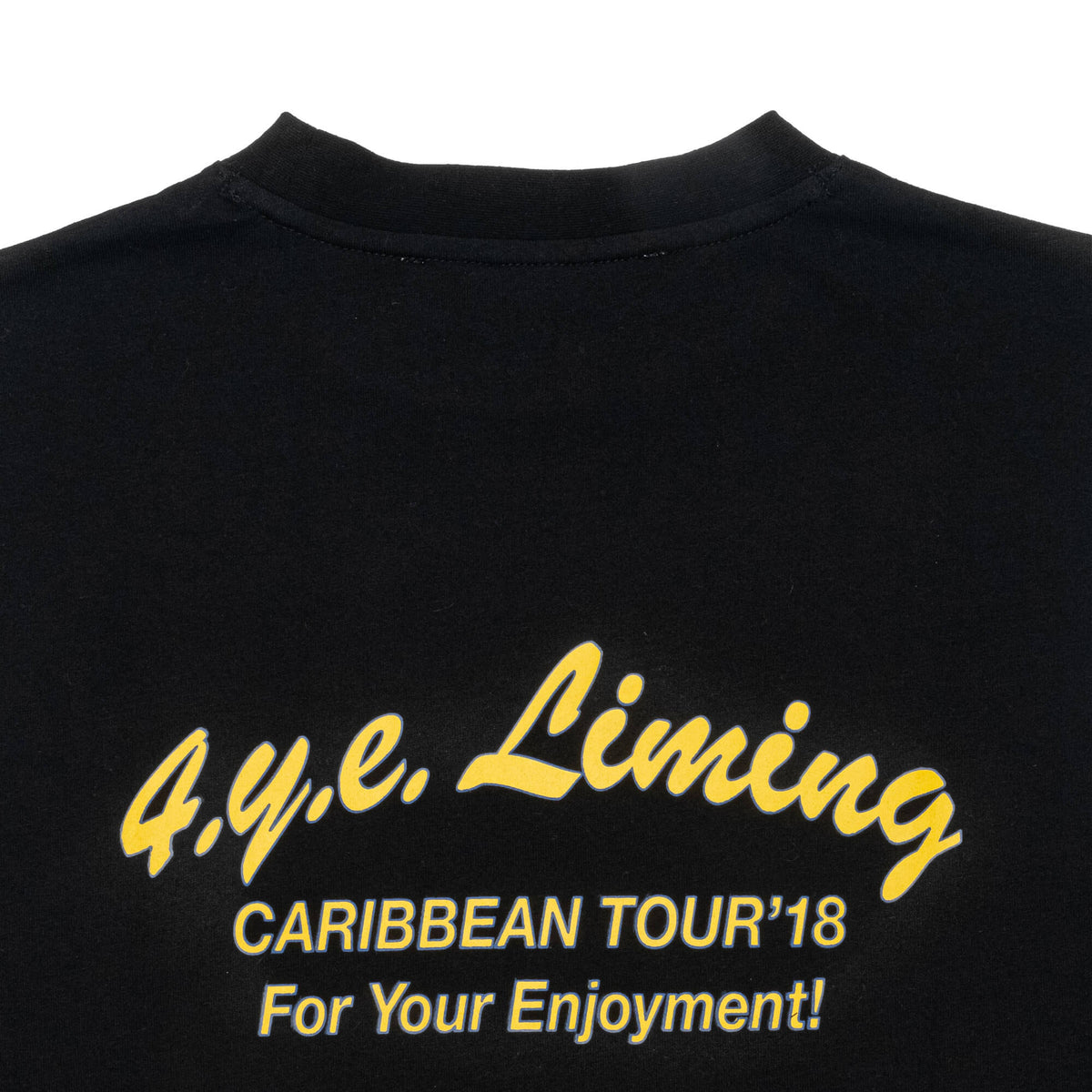 Close up image of back view, showcasing 4YE liming graphic. 