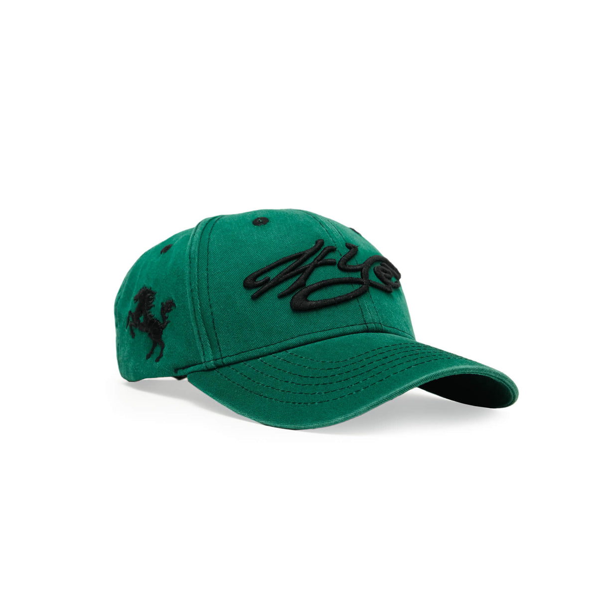 Side view of signature logo low pro cap in washed emerald with 3-D 4YE logo stitching in black. 