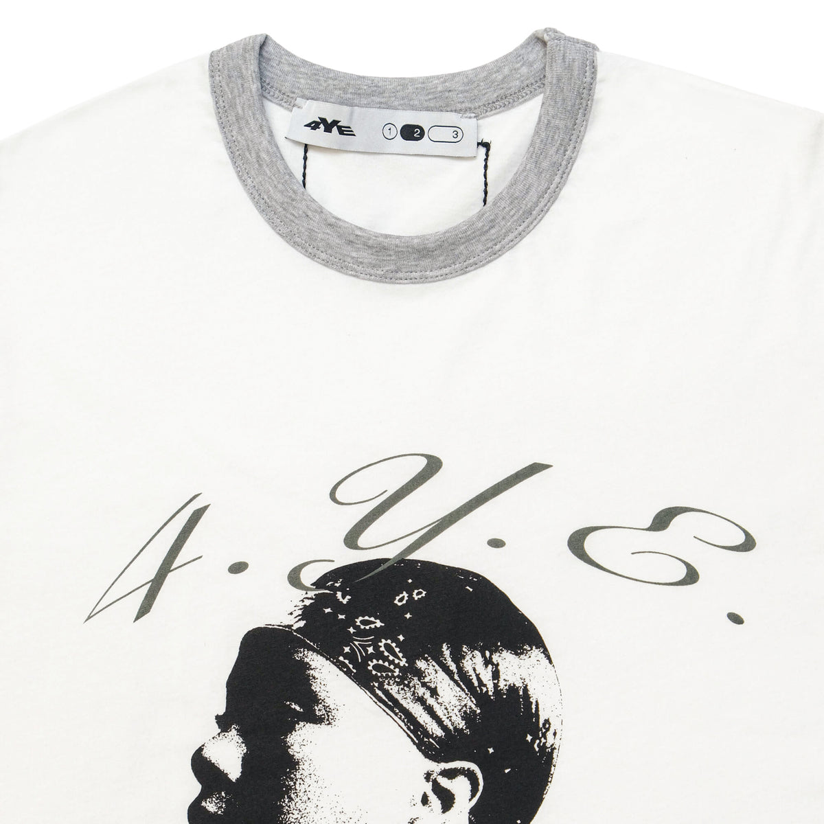 Detail image of portrait ringer tee, shows contrast ribbed grey neckline and contrast stitched tag outline. on back of garment. 