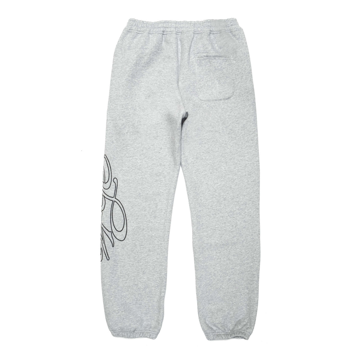 Back view of signature logo cuff pant in grey, showcasing contrast chain stitched 4YE logo on lower left leg, and back pocket detail on back right side.