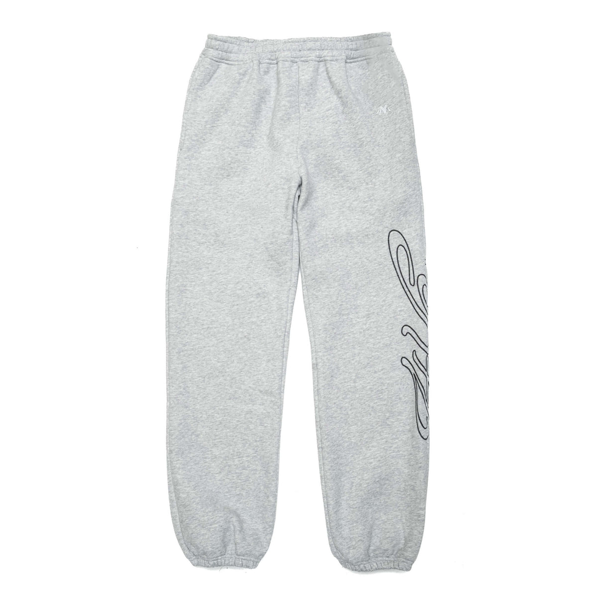 Front view of 4YE signature logo cuff pant in grey, showing cuff bottom and 4YE logo detailing on left upper and lower leg.