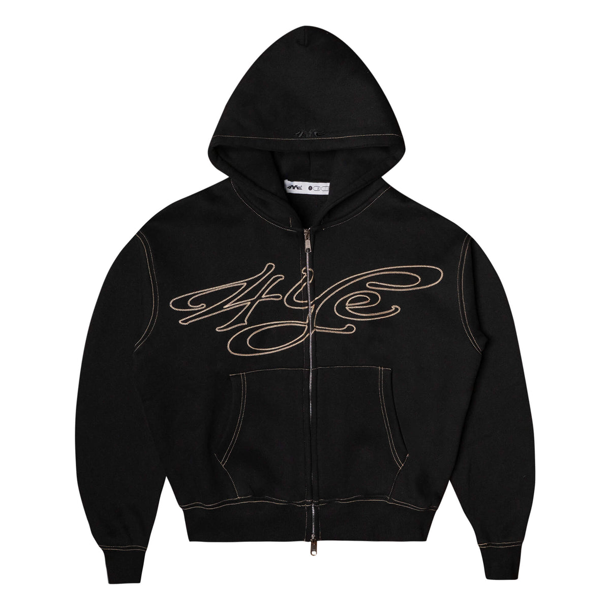 Front view of the 4YE Signature Logo Zip Hoodie in Black. The hoodie features 325 GSM brushed medium weight fleece offering ultimate comfort and warmth, including high-quality chain stitch embroidery and a 2-way YKK zipper, showcasing a trendy cropped and boxy fit.