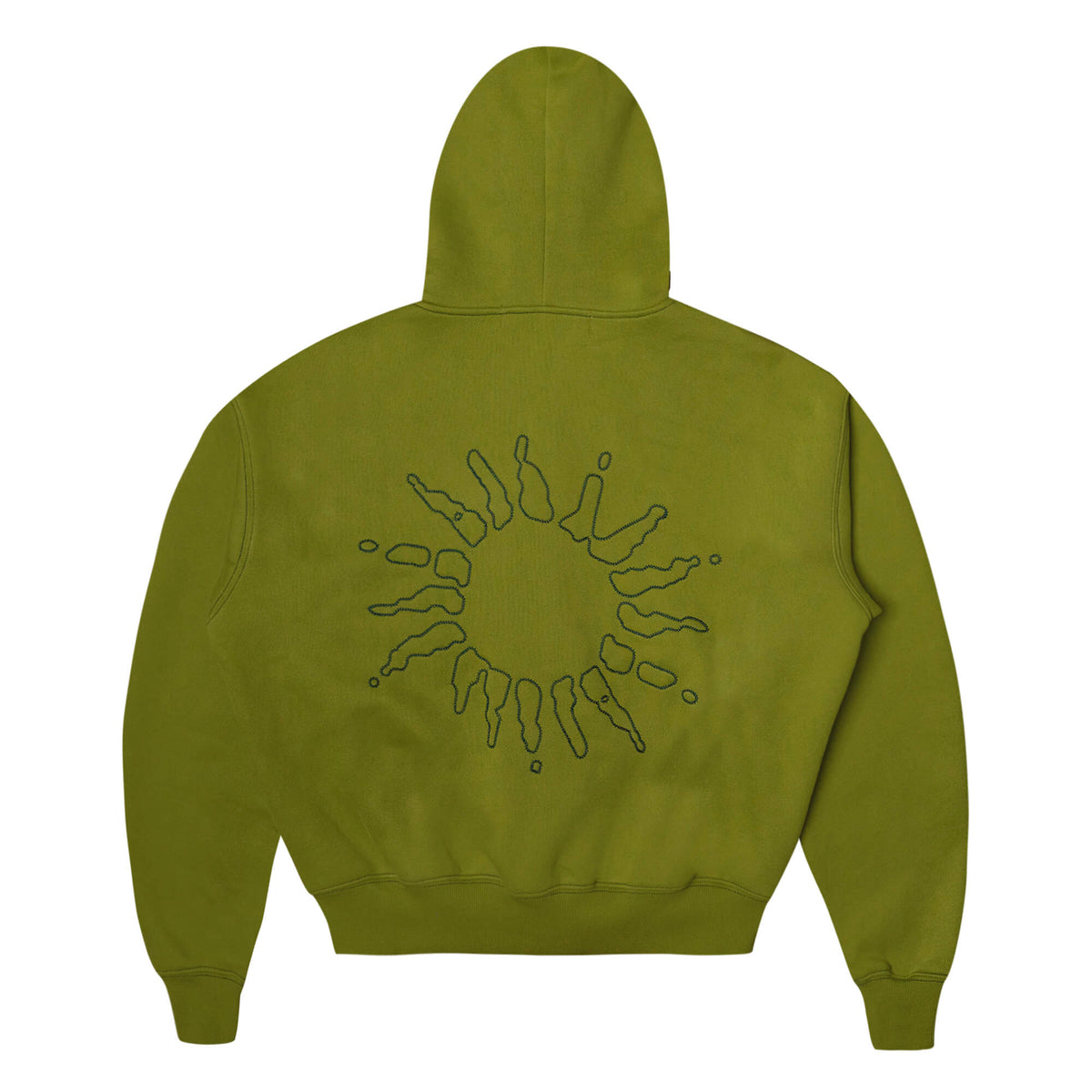 Rear view of the 4YE Signature Logo Zip Hoodie in Matcha Green. The hoodie features 325 GSM brushed medium weight fleece offering ultimate comfort and warmth, including high-quality chain stitch embroidery and a 2-way YKK zipper, showcasing a trendy cropped and boxy fit.
