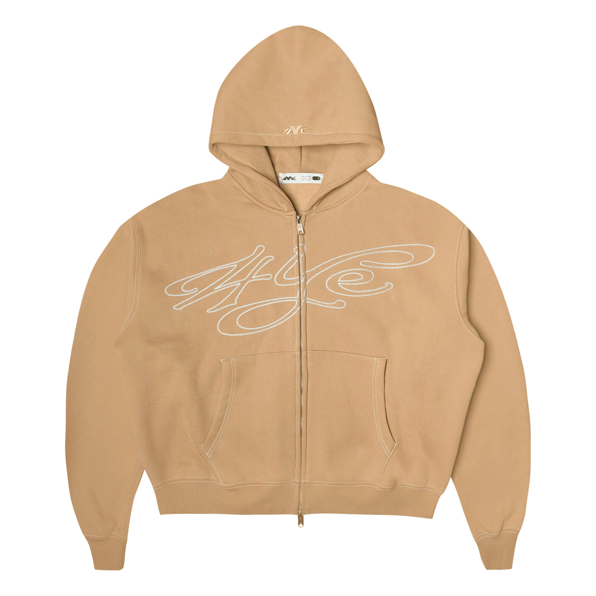 Front view of the 4YE Signature Logo Zip Hoodie in Light Brown. The hoodie features 325 GSM brushed medium weight fleece offering ultimate comfort and warmth, including high-quality chain stitch embroidery and a 2-way YKK zipper, showcasing a trendy cropped and boxy fit.