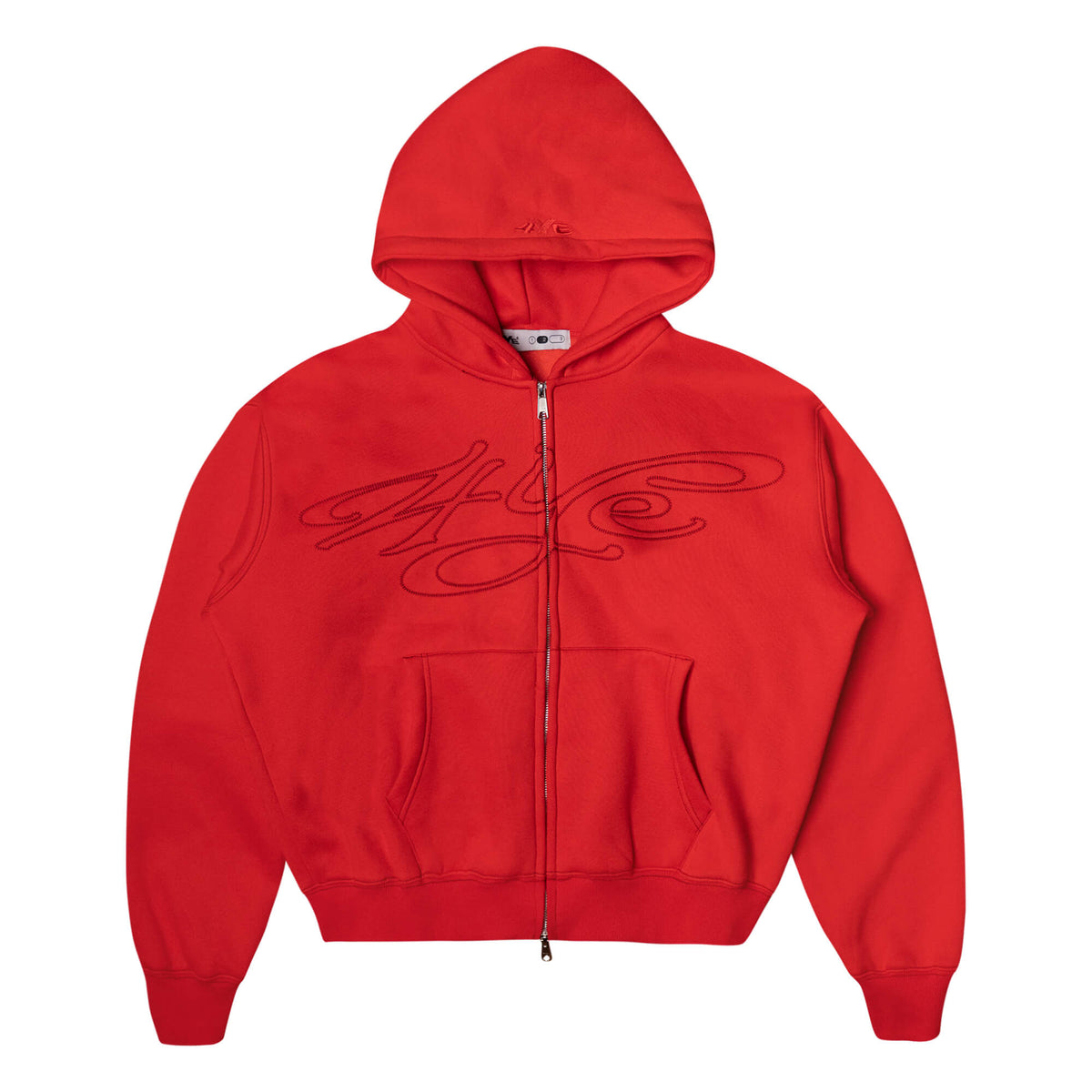 Front view of the 4YE Signature Logo Zip Hoodie in Red. The hoodie features 325 GSM brushed medium weight fleece offering ultimate comfort and warmth, including high-quality chain stitch embroidery and a 2-way YKK zipper, showcasing a trendy cropped and boxy fit.