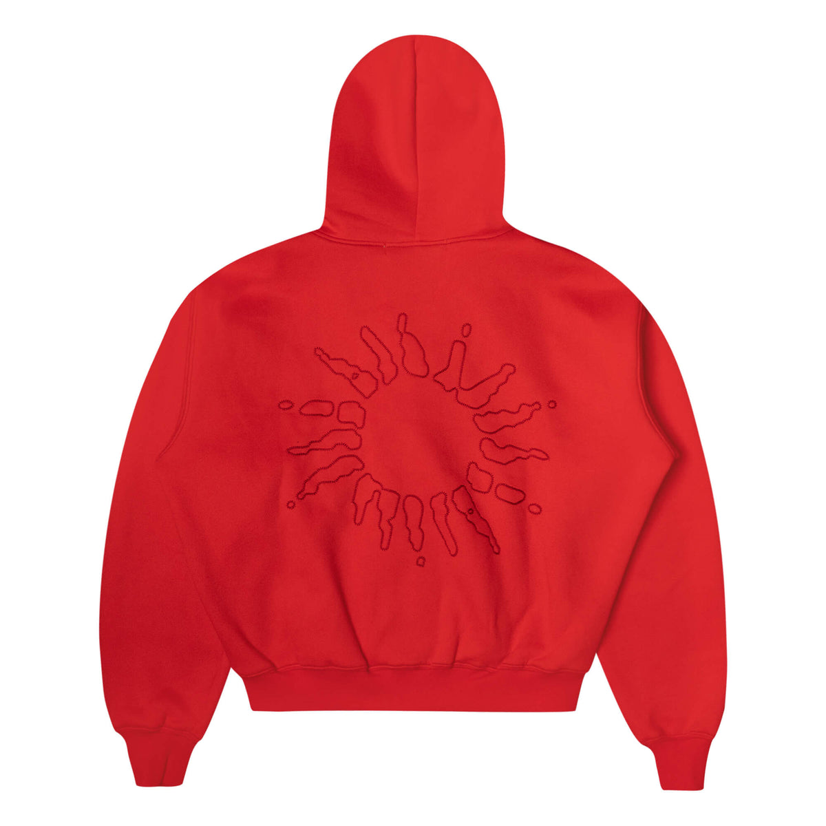 Rear view of the 4YE Signature Logo Zip Hoodie in Red. The hoodie features 325 GSM brushed medium weight fleece offering ultimate comfort and warmth, including high-quality chain stitch embroidery and a 2-way YKK zipper, showcasing a trendy cropped and boxy fit.